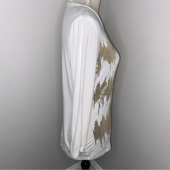 Ann Trinity cream ivory & gold sequin stretch modal 3/4 sleeve shirt size Medium - Picture 3 of 6